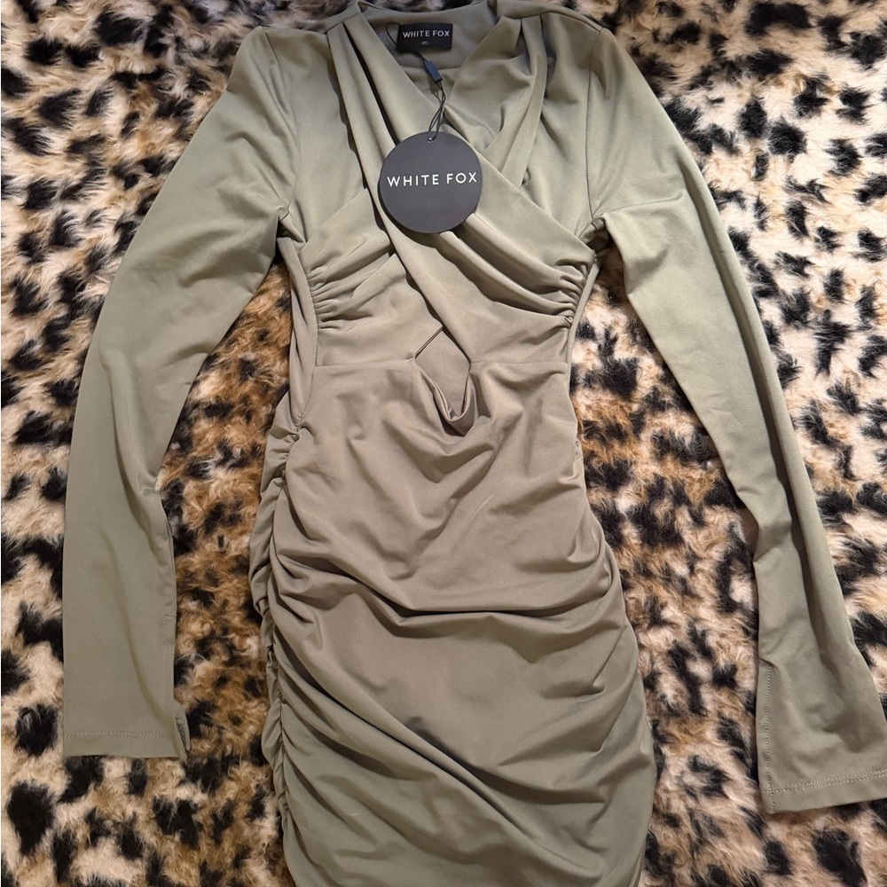 White Fox Boutique Olive Green Long Sleeve Ruched Bodycon Dress